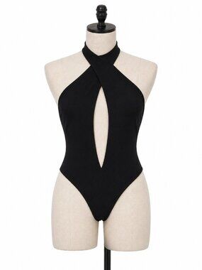 Buffbunny Black Halter Bodysuit Plunge Front NWT S